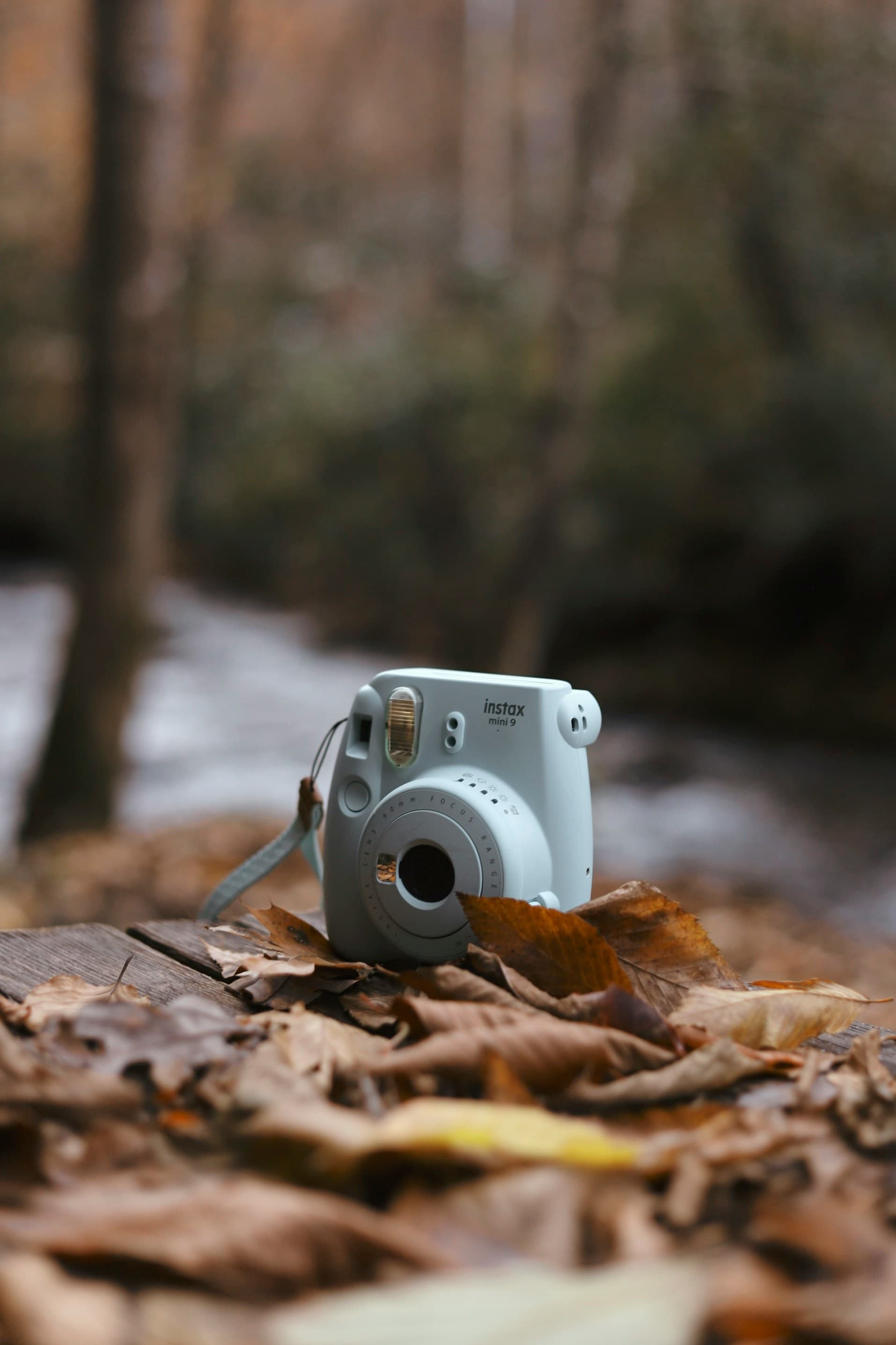 Instax instant camera resting outdoors